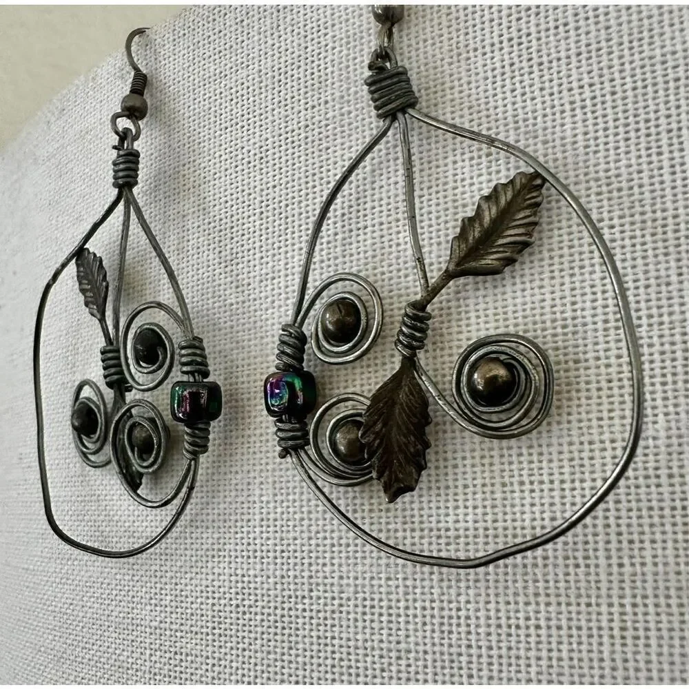 Silver tone teardrop leaf wire artisan earrings